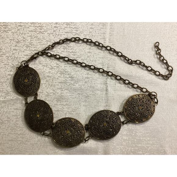 Chico’s boho brass rhinestone embellishments chain belt 46” - Picture 2 of 5